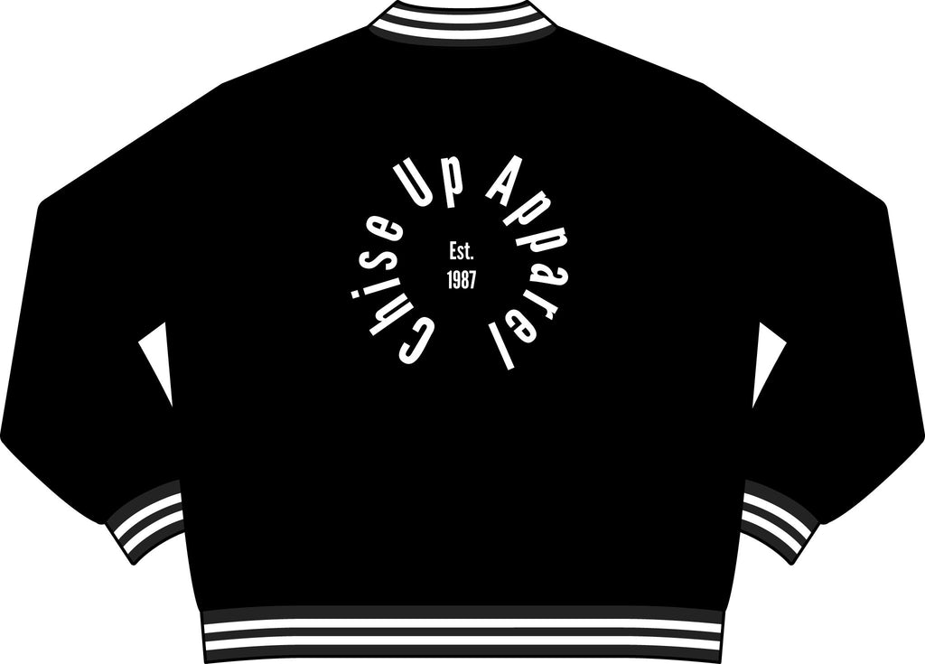 Circular Logo Varsity Bomber Jacket —